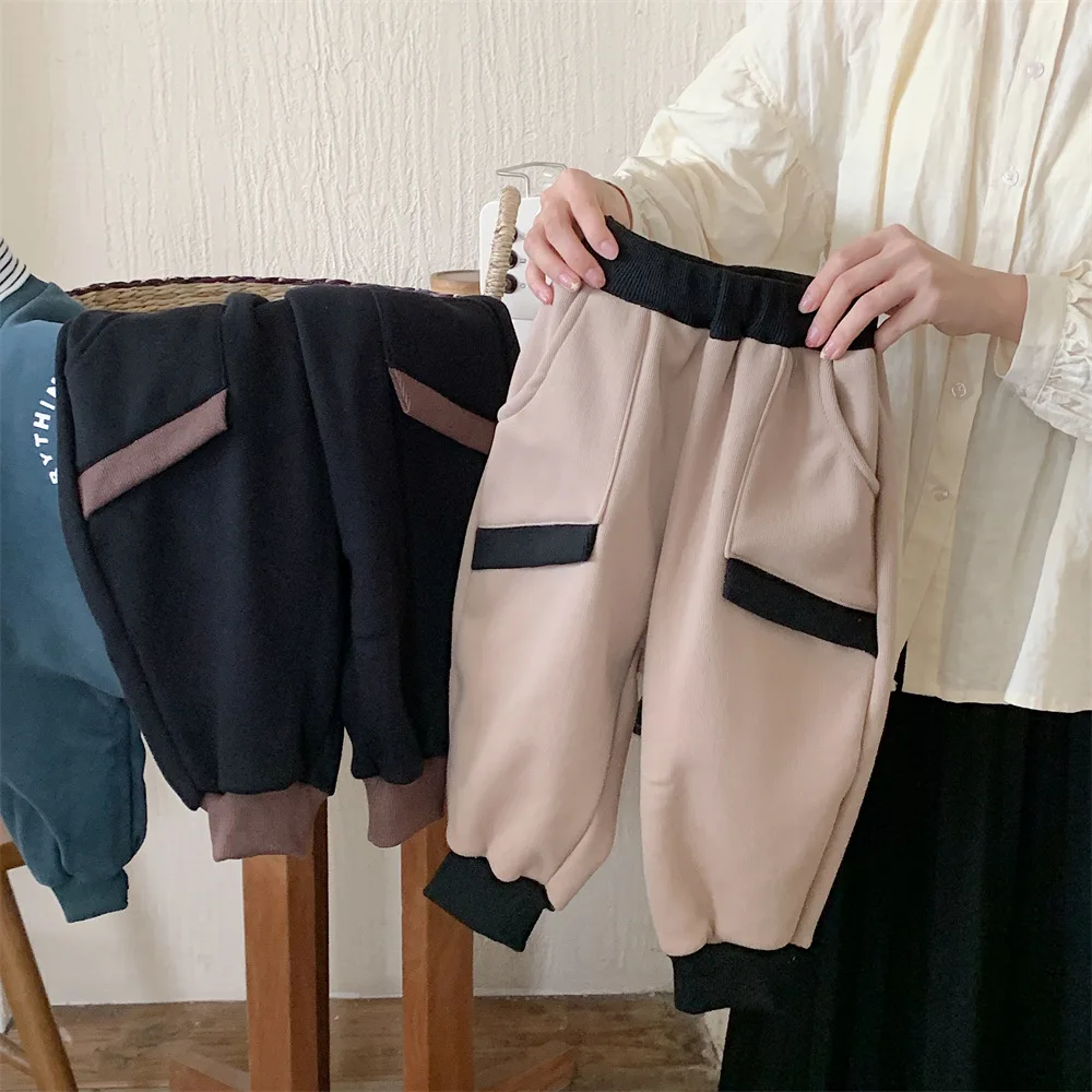 

Korean Autumn Winter Toddler Boy Pant Cotton Fleece Thicken Spliced Young Kid Boy Pant Casual Elastic Waist Baby Boy Jogger Pant