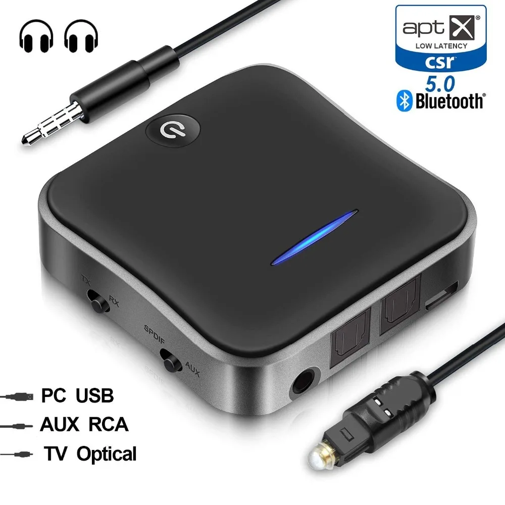 TAOCOCO Bluetooth Transmitter Receiver Optical RCA AUX 3.5mm Long Range 5.0 Bluetooth Adapter Transmitter for TV Home Stereo PC Headphone USB Rechargeable AptX Low Latency & AptX HD Bluetooth 