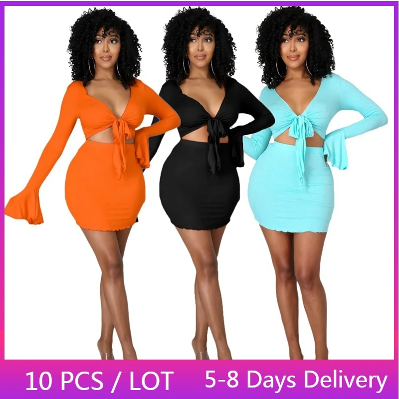 

Wholesale Items Skinny Womens Two Piece Sets Spring Clubwear Sexy Outfits for Women Long Sleeve Bandage Crop Top Mini Skirts Set