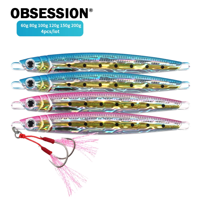 OBSESSION 4pcs/lot 60g-200g Jigging Lure Set 3D Print Fast Sinking  Saltwater Fishing Lure Shore Casting Vertical Metal Jig Hook