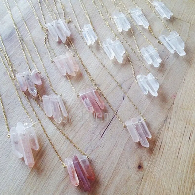 Interchangeable Rough Mineral Strawberry Quartzs Spike Pendant Clear Crystal Point Layering Talisman Necklace Women Boho Jewelry