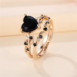 Elegant Multicolor Heart Ring Set for Women - Rose Gold with White Zircon Stones (Black)