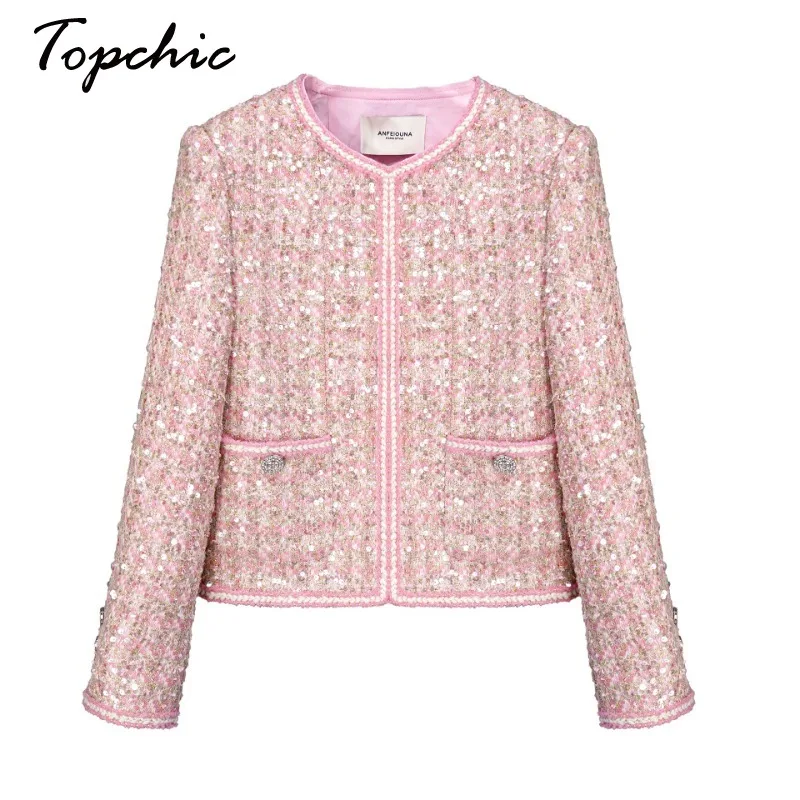 

Luxury Pink Sequined Tweed Jacket for Women 2023 Runway Designer O-neck Wool & Blends Coats Korean Autumn Winter Clothes