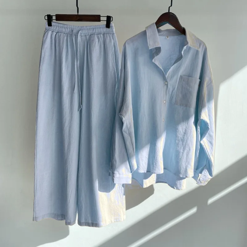 New Fashion Leisure Women's 2-piece Set Vintage Plus Size 2024 Cotton Hemp Lapel Women's Top and Pants Set