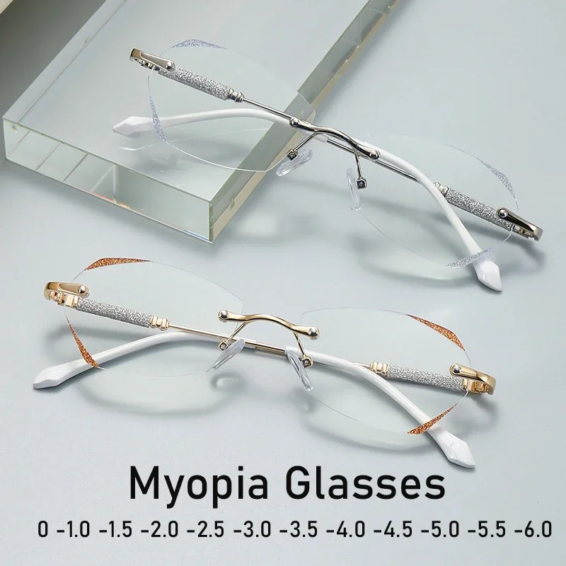 

Diamond Cutting Rimless Ladies Myopia Glasses Anti Blue Light Minus Eyeglasses Finished Prescription Near Sight Eyewear Diopter