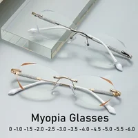 Diamond Cutting Rimless Ladies Myopia Glasses Anti Blue Light Minus Eyeglasses Finished Prescription Near Sight Eyewear Diopter 1