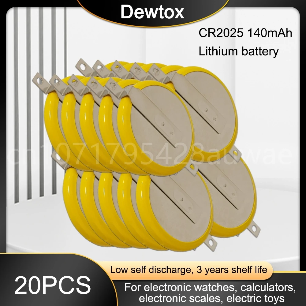 

20PCS CR2025 2 Solder Feet Pins 3V Button Cell Batteries Tabs 150mAh Lithium Coin Battery for Car Key