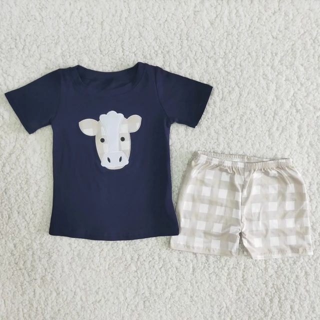 Baby Boy Summer Clothing Navy Sleeve Embroidery Cow Shirt Plaid Shorts  Children Wholesale Boutique Kid Set Outfit Casual Clothes - AliExpress