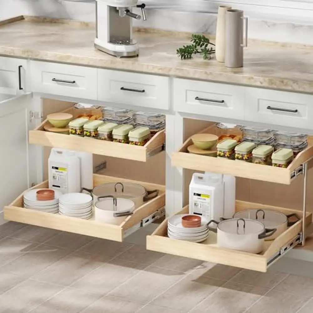2-Tier Pull Slide Out Cabinet Organizer Soft Close Pantry Drawer U Bracket Birch & Oak Wood Modern Design Kitchen Storage