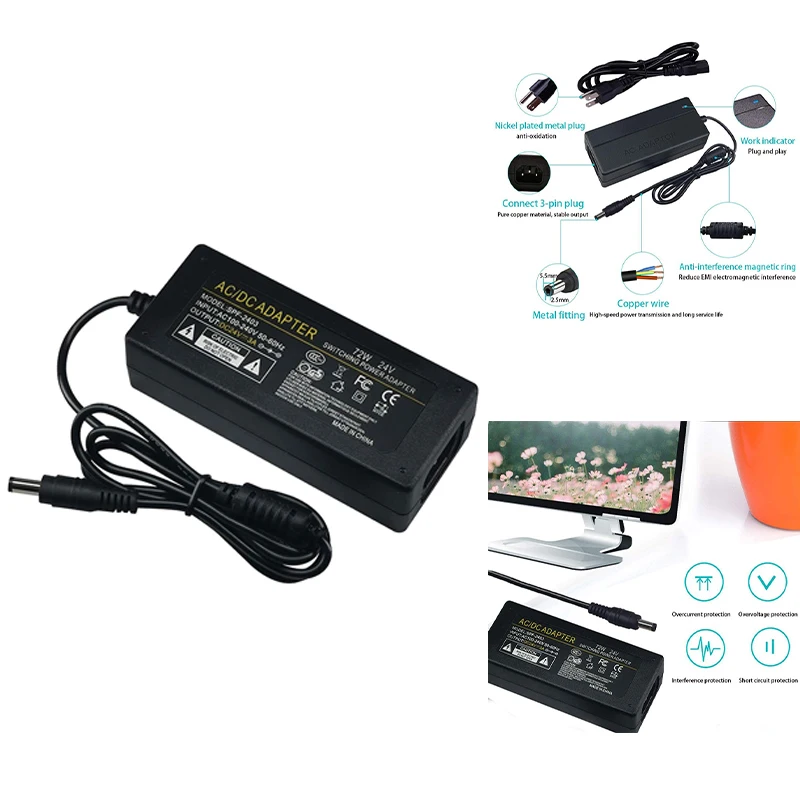 New Universal DC5525 AC 100V 240V To DC 24V 3A Power Switch Adapter 72W