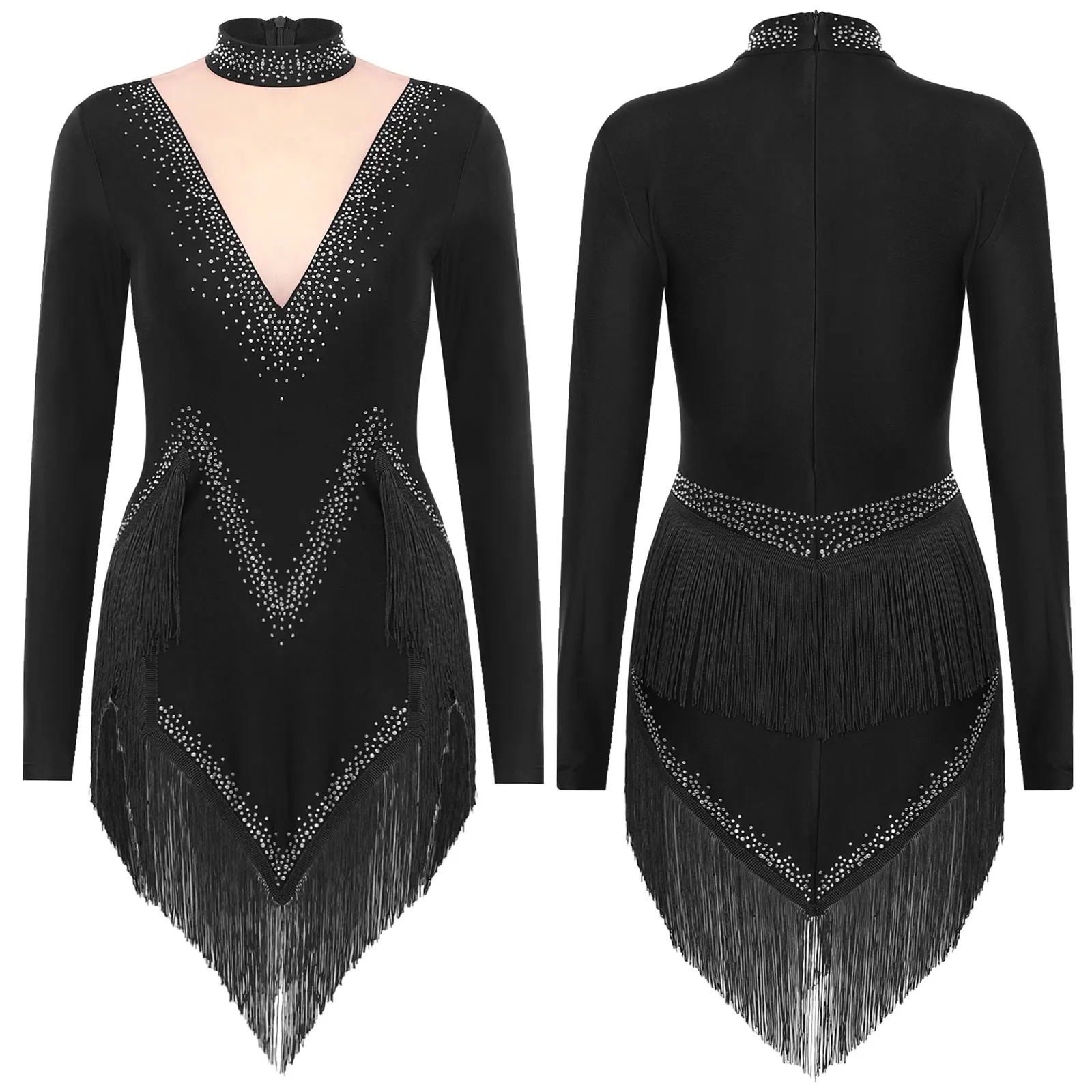 thumbnail image 1 of Vestidos de baile latino con borlas de diamantes de imitación brillantes para mujer, traje de actuación de patinaje artístico, vestido de dobladillo Irregular de manga larga, 1 of 5