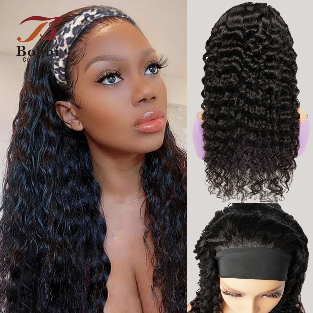 Headband Wig 100% Human Hair Deep Wave Full Machine Made Wig Ready Wear Natural Hair Black Remy Human Wigs For Women Bobbi