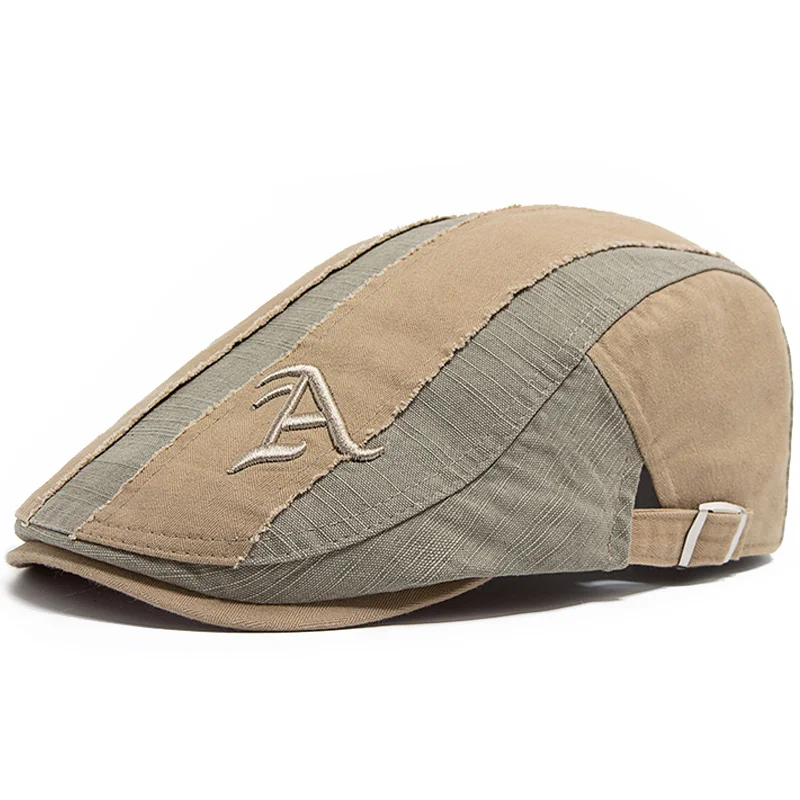 Men Beret Fashion Vintage Embroidery Letter A Flat Cap Cotton Visor Hat Camouflage Patchwork Adjustable woolen beret beret hat