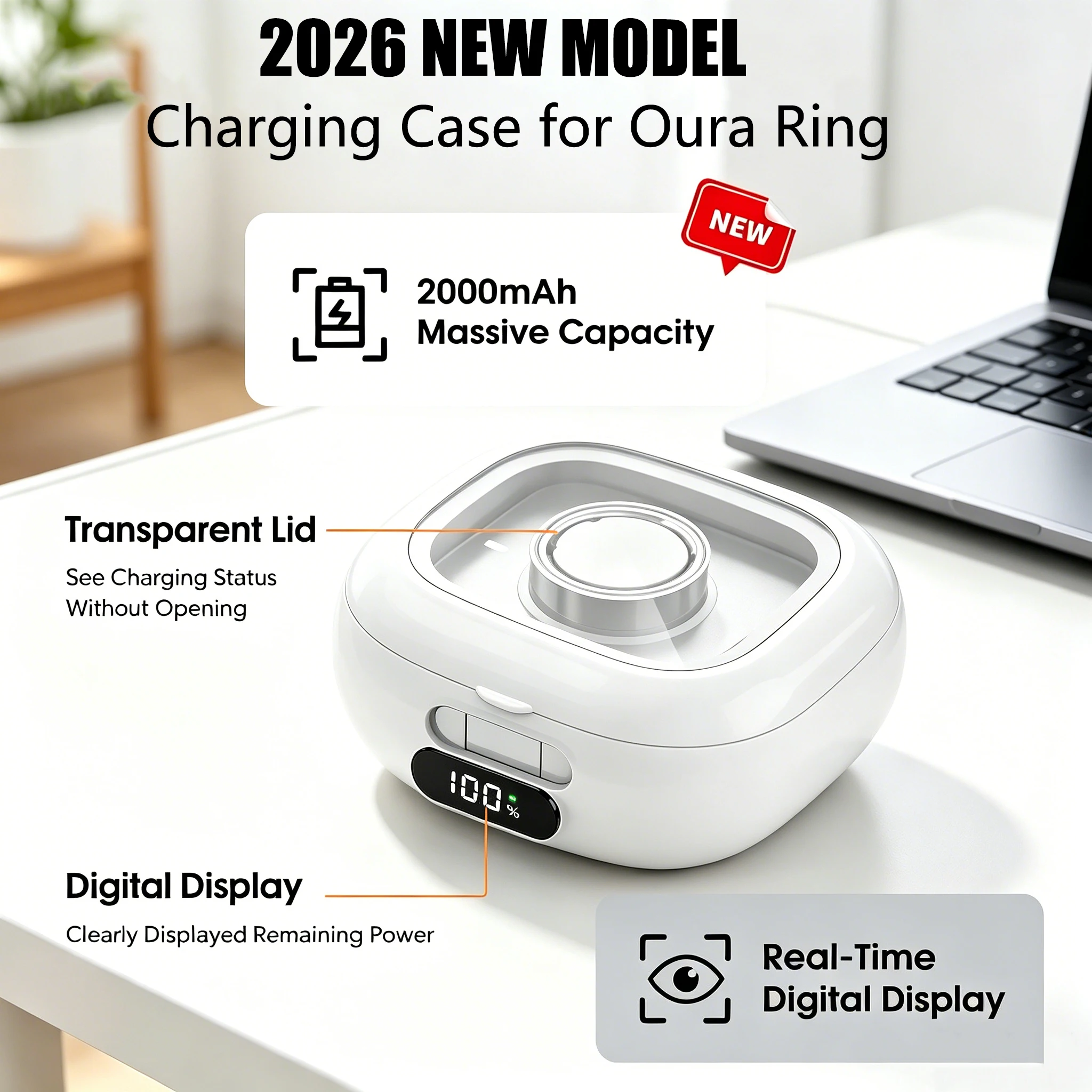 Custodia di ricarica portatile per Smart Ring, compatibile con Oura Ring Gen 4 e 3, caricabatterie da viaggio portatile con batteria da 2000 mAh