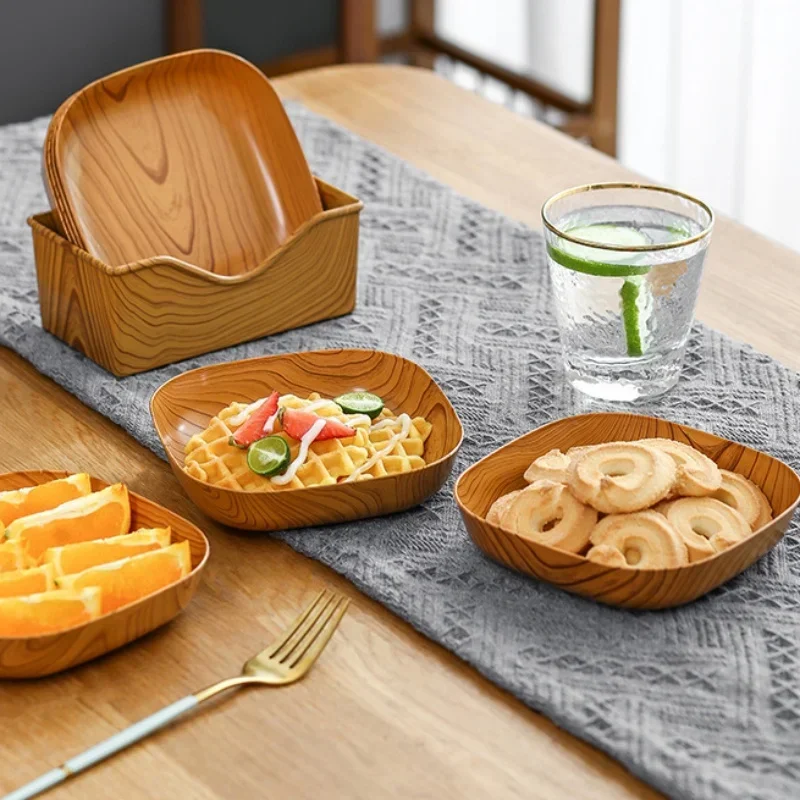Plastic Dinner Plates Wood Grain Square Plate Salad Bowl Kitchen Spit Bone Dish Plate Coaster Serving Dining Snack Nuts Kitchen