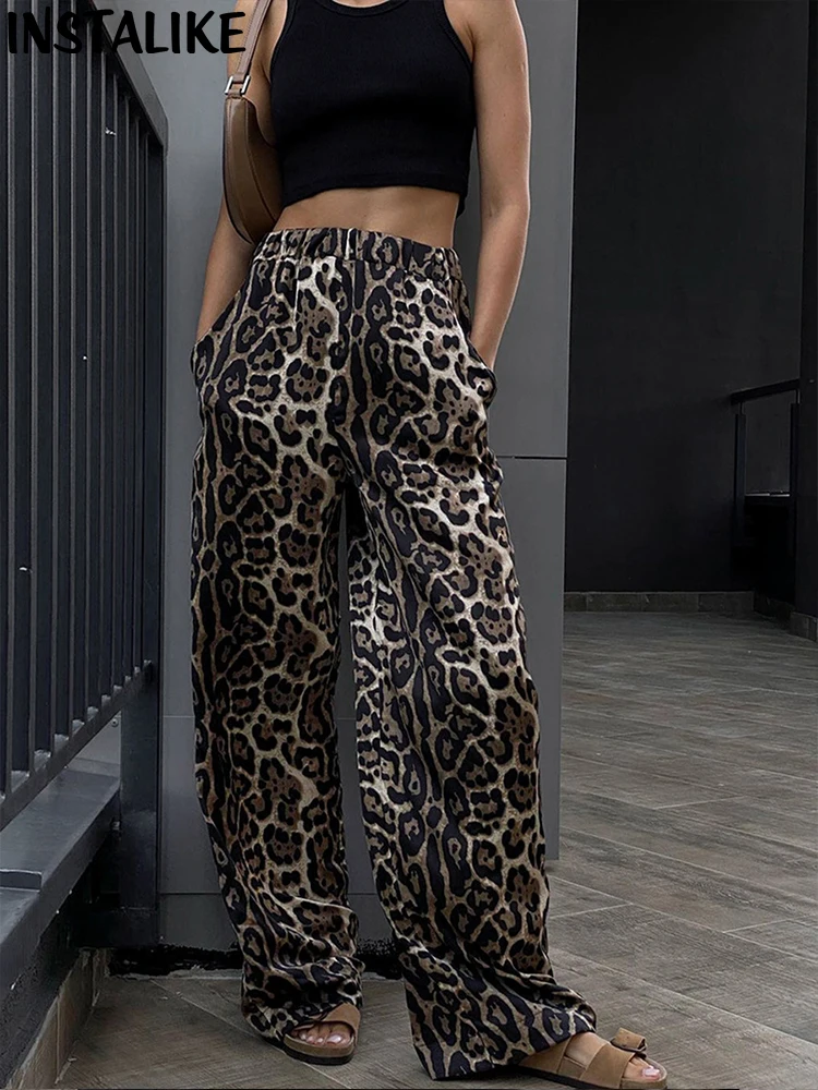 InstaLike Y2K Leopard Wide Leg Pants Korean Fashion Sport Streetwear Harajuku New Women Casual Long Trousers Spring Clothes 2024
