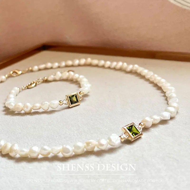 Temperament Design Natura 5-6mml Baroque Pearl Necklace Customized Jewelry for Women's Green Zircon