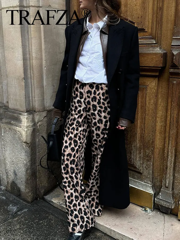 TRAFZA 2024 Women Vintage Leopard Pants Chic Women's High Waist Straight Leg Leopard Print Casual Fashion Spring Trousers