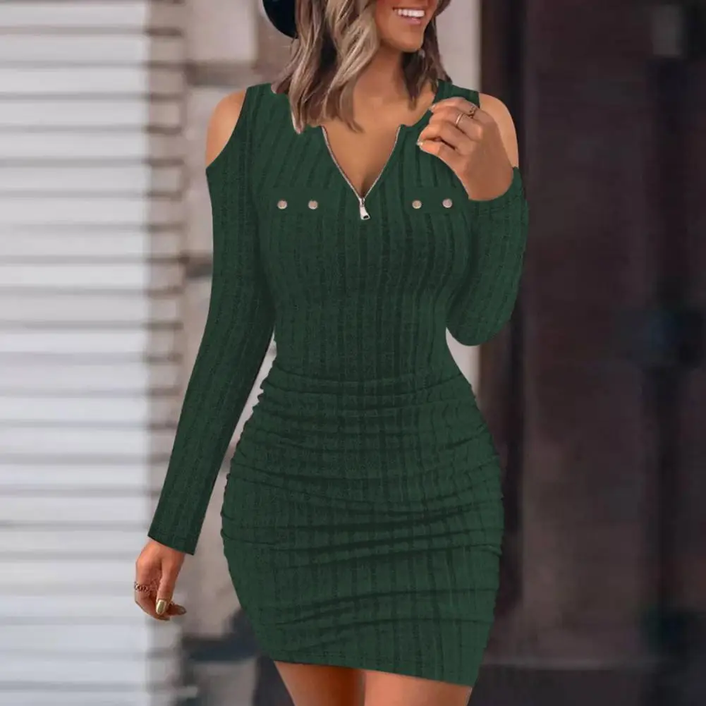 

Women Knitted Dress Elegant V Neck Knitted Dress with Off Shoulder Design Slim Fit Sheath for Fall Winter Women's Commute Mini