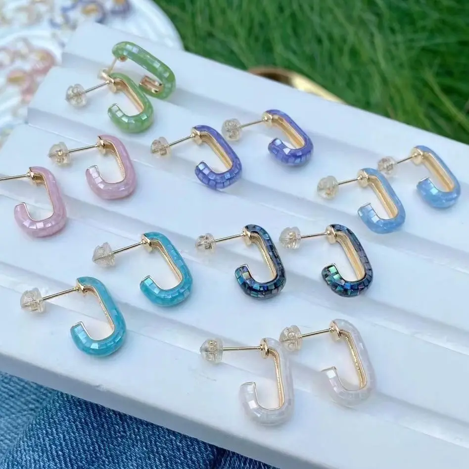 

3Pairs New Fashion Colorful Abalone Shell Studs Earrings Geometric Shape Trendy Gold Plated Copper Jewelry for Women Girls Gift