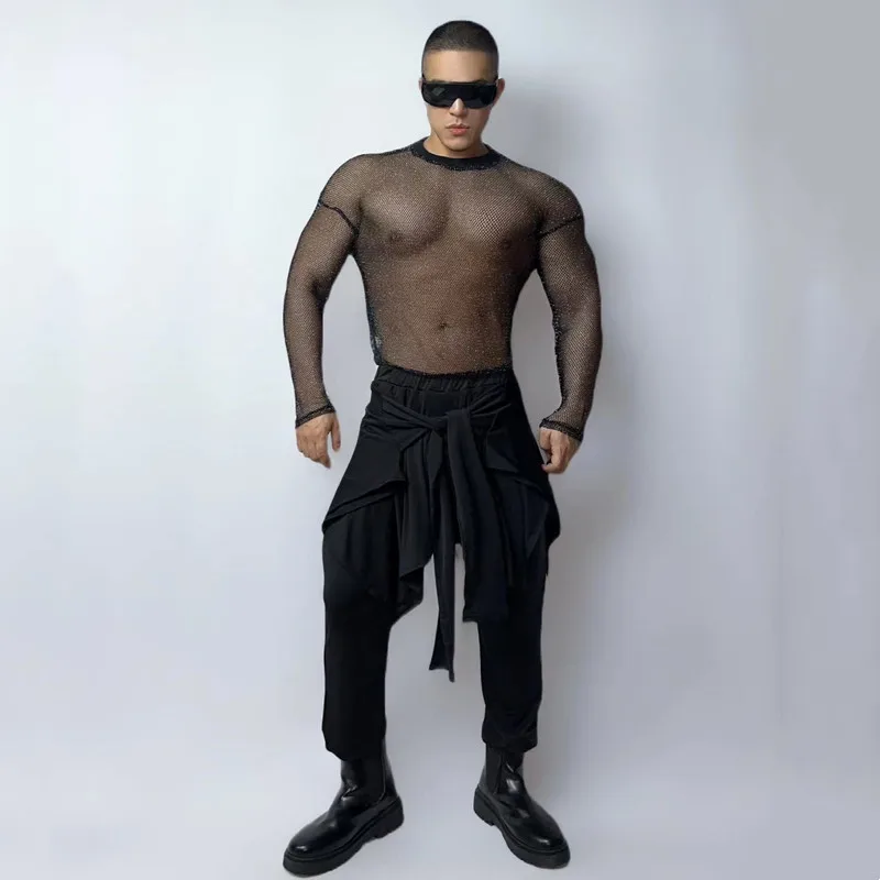 

Nightclub Bar Male Women Gogo Dancer Team Hip Hop Dance Costume Sexy See Through DJ Stage Wear Black Mesh Tops Harem Pants Set