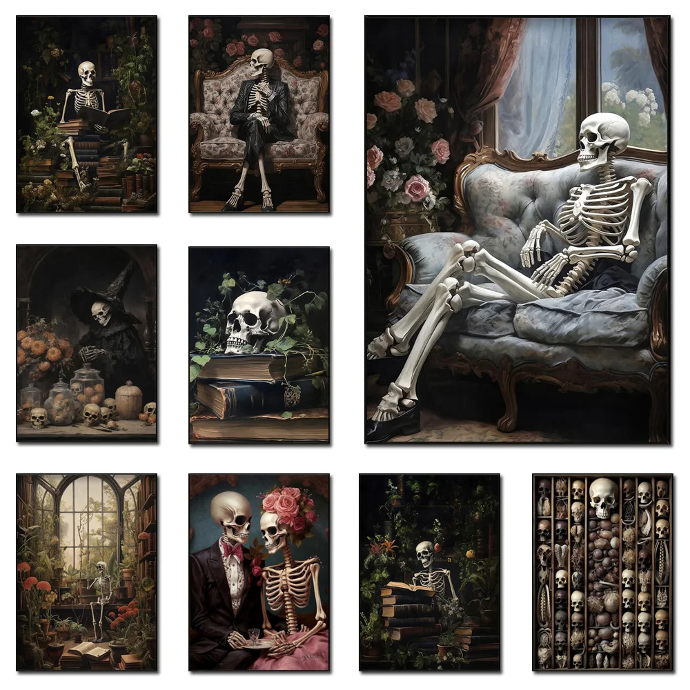 

Dark Academia Skull Spooky Decor Posters And Prints Vintage Gothic Wall Art Floral Skull Canvas Painting For Living Room