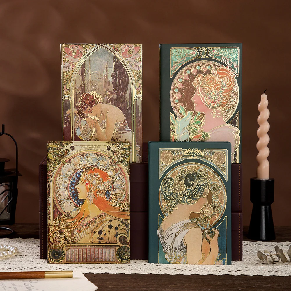 Retro A5 Notebooks,Mucha Girlish Oil Painting Hardcover Diary,Hand Ledger,Hot Stamping,Exquisite And High-Value Notepad CS-020