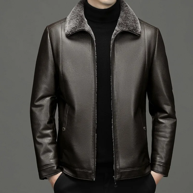 2023 Winter New Middle-Aged Elderly Men Cashmere Fur Integrated Leather Jacket Men Large Size Thicken Warm Casual Leather Coat