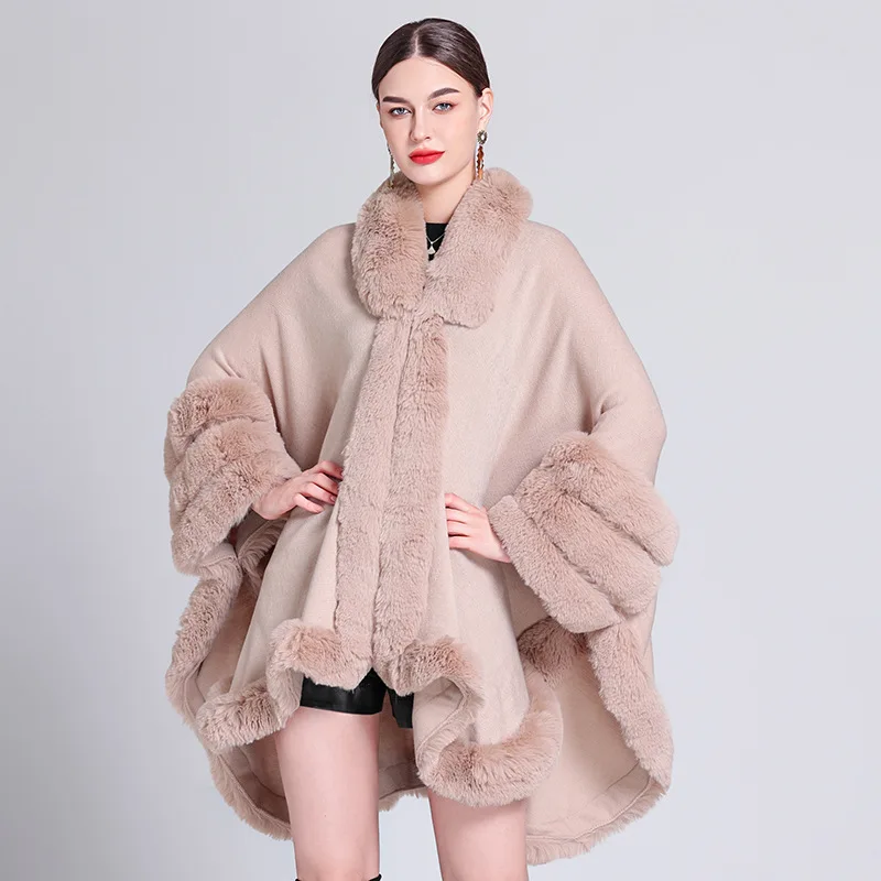 2023 New Winter Thicken Warm Three Circles Rabbit Fur Sleeves Poncho Cape Women Bat Sleeved Cloak Big Pendulum Loose Coat