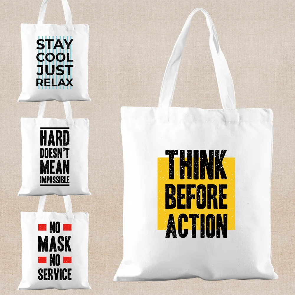 

Word Print Shopping Bag Harajuku Fashion Tote Bags Canvas Shopper Shoulder Bag Reusable HandBag Women Portable Eco Sundries Bags