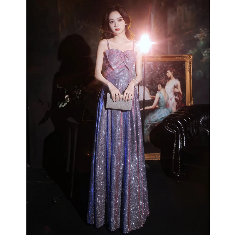 

Sparkly Evening Dresses With Bow Spaghetti Straps Sleeveless A-Line Floor-Length Long Prom Dresses For Graduation Party