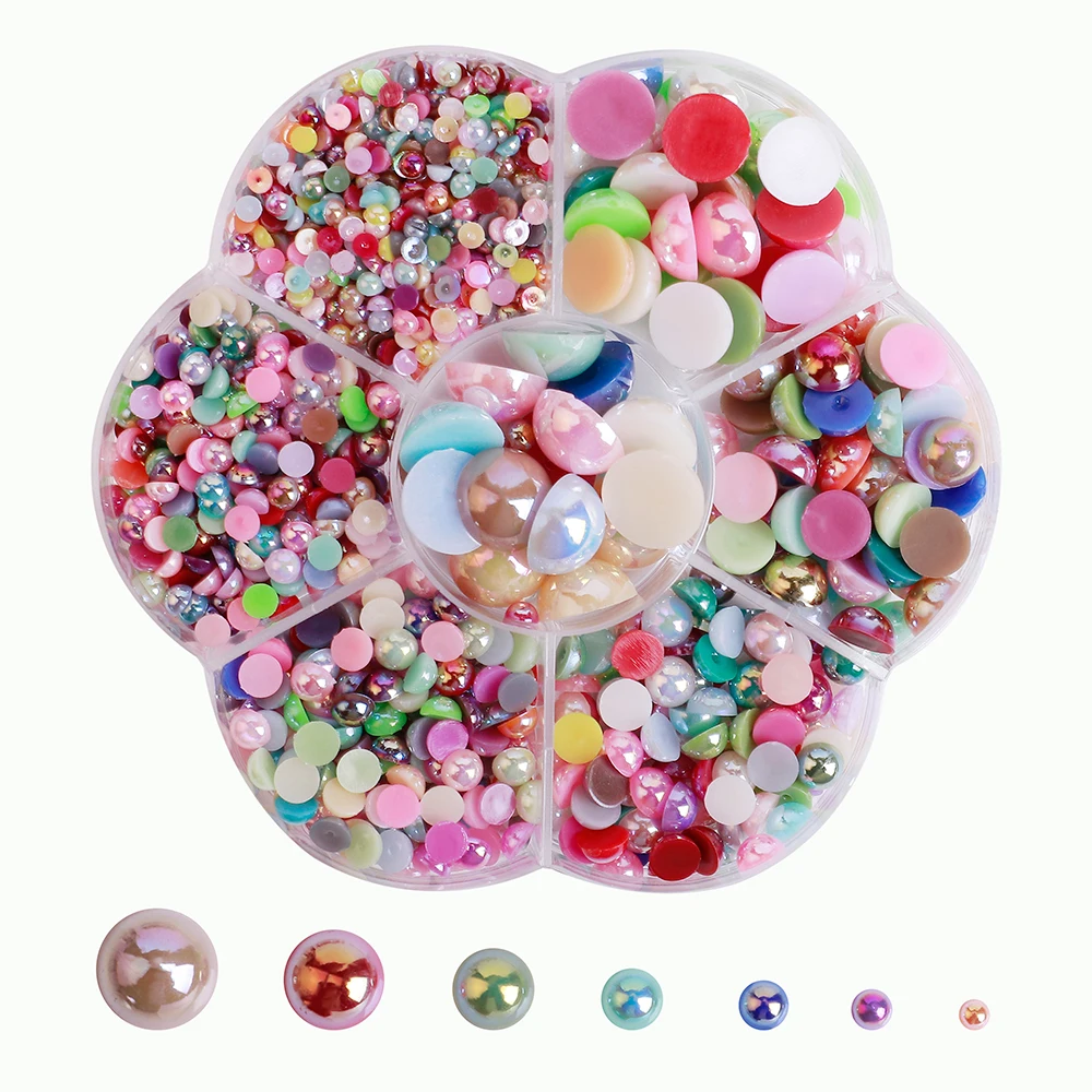 1800pcs/box AB Half Round Pearl Beads Mix Size 3-12mm  Flatback Rhinestones For Garment Nail Art Decor  F1106