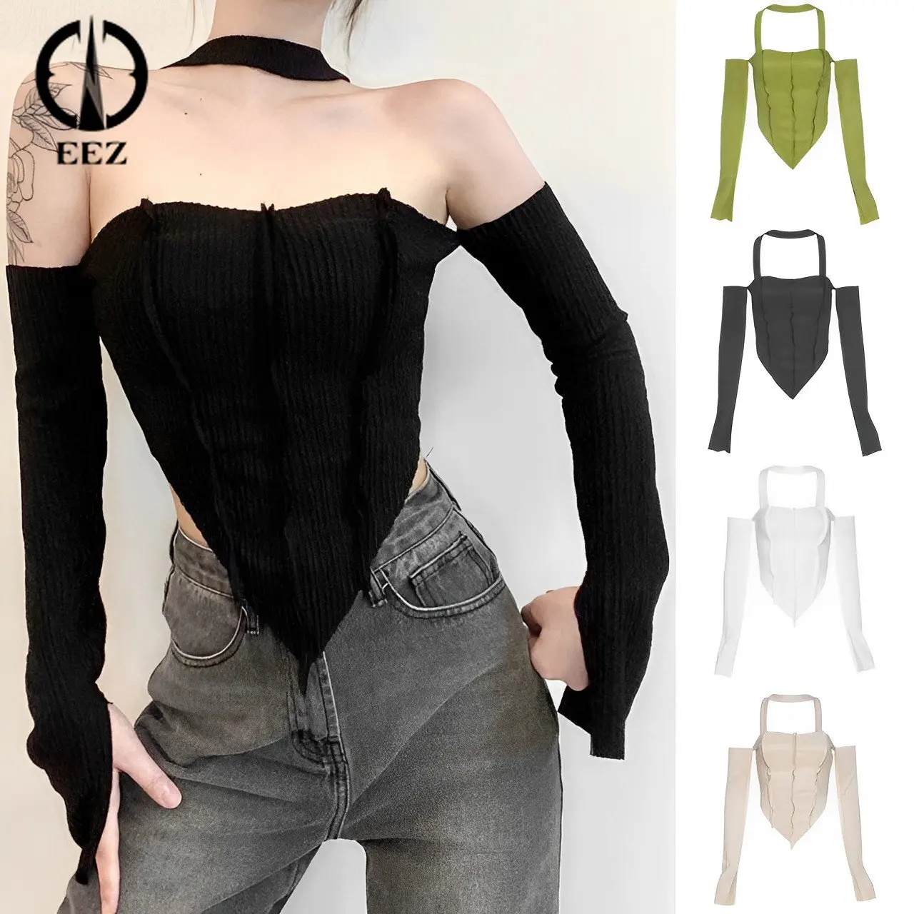

Sexy Hollow Out T-Shirts Women Knited Halter Long Sleeve Top Irregular Stretch Wild Streetwear Gothic Coquette Crop Top Y2k Top