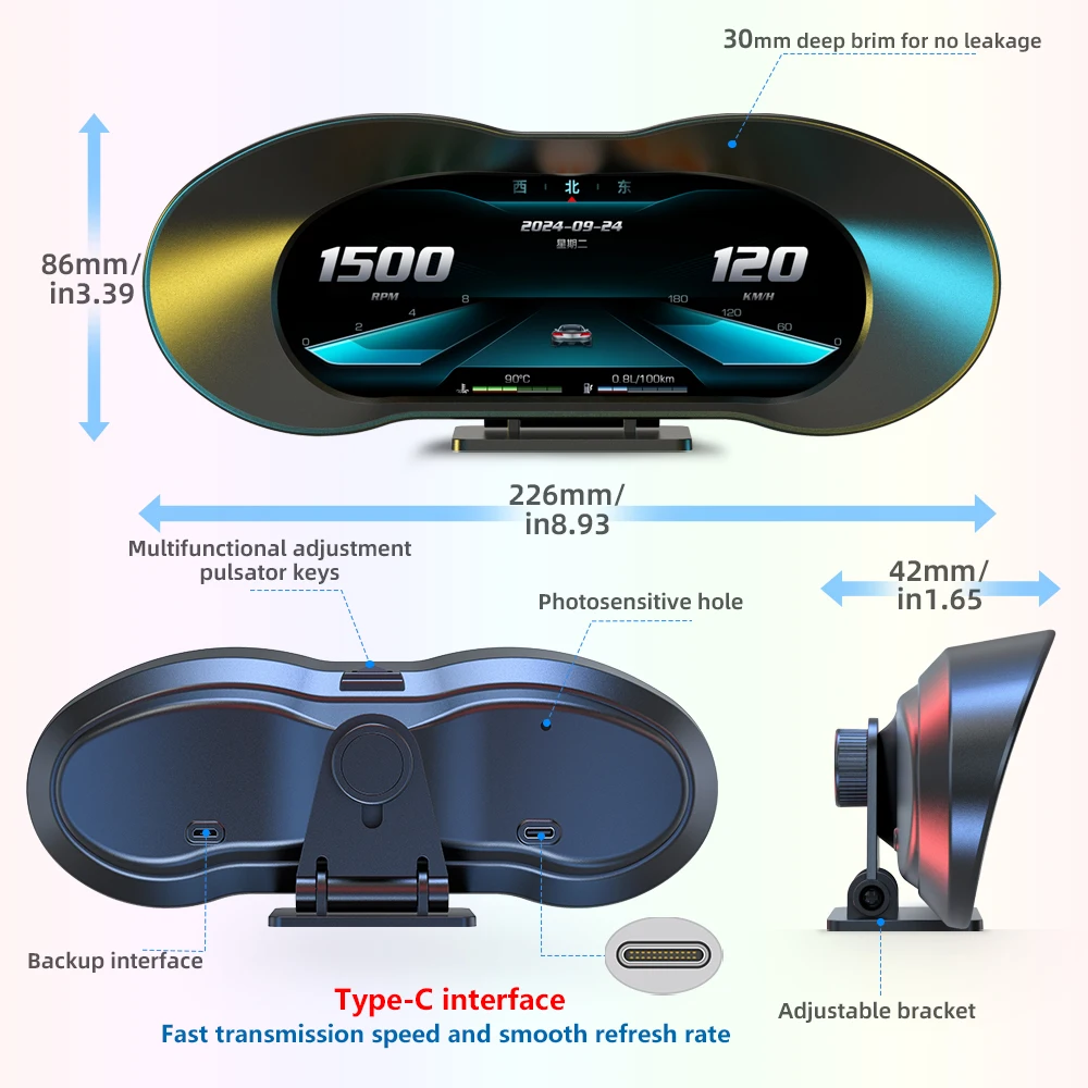 AD OBD+GPS 자동차 헤드업 디스플레이 터빈 게이지 경사계 대형 화면 LCD HUD 자동차 속도계 OBD2 디지털 온보드 컴퓨터 P5