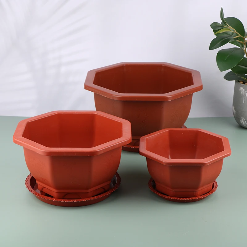 1Pc Hexagonal Plastic Flowerpot With Tray Is Not Easy To Deform Bonsai Special Green Plant Classical Indoor Garden Decor