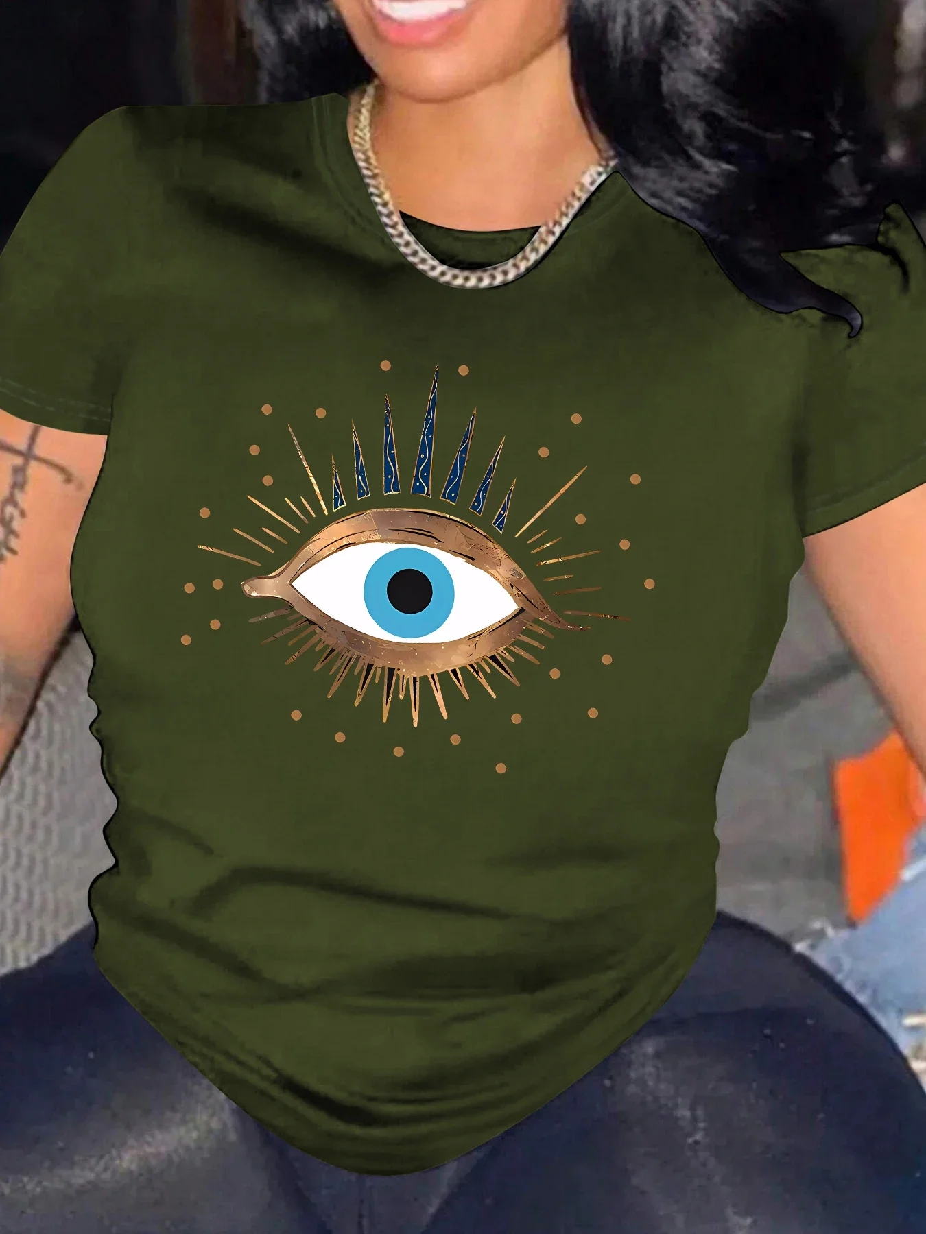 

Всесезонная футболка 2024, футболка с принтом глаз, Новая повседневная модная женская футболка с коротким рукавом и графическим принтом, женская одежда с круглым вырезом