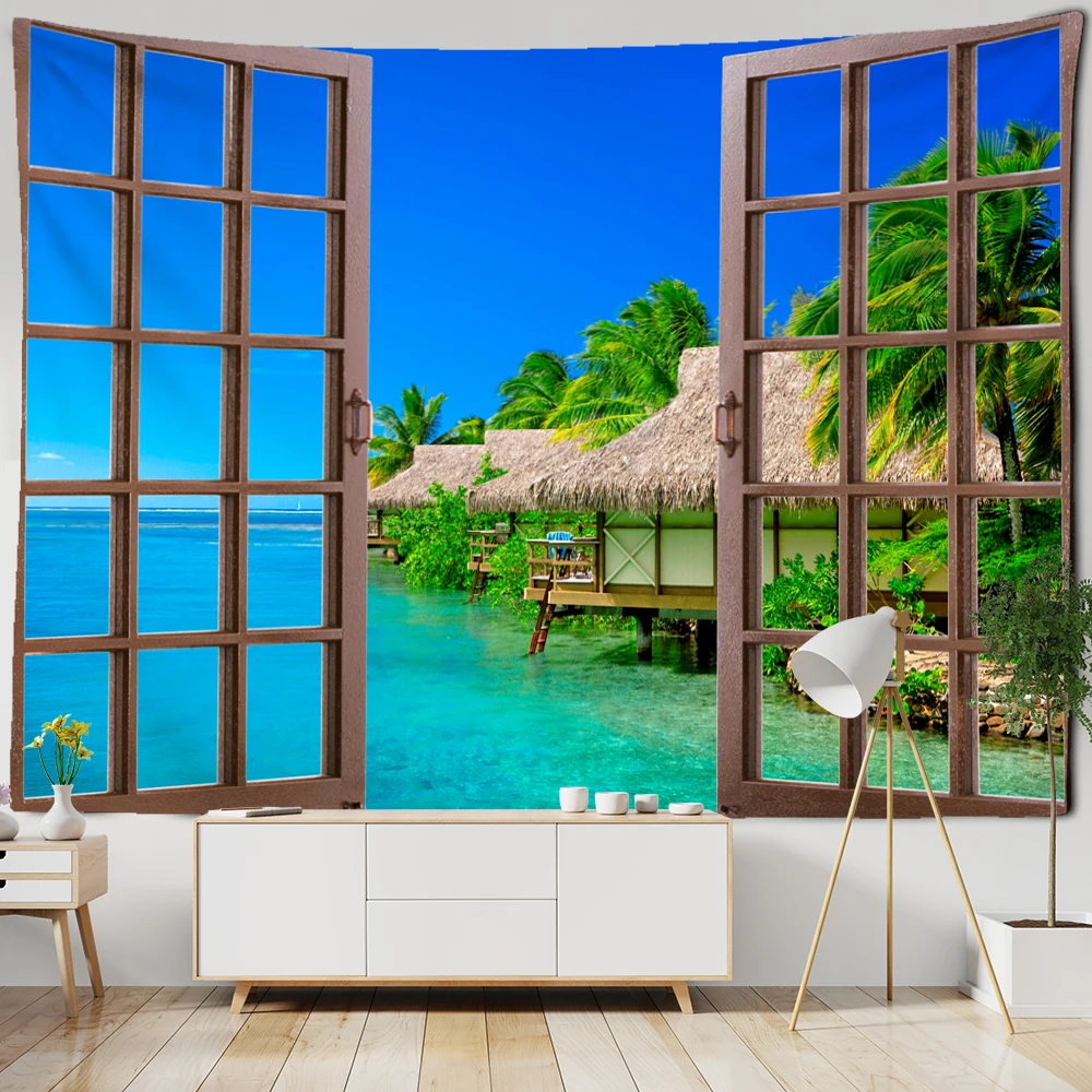 3D Window Scenery Tapestry Wall Hanging Hippie Tapiz Art Boho