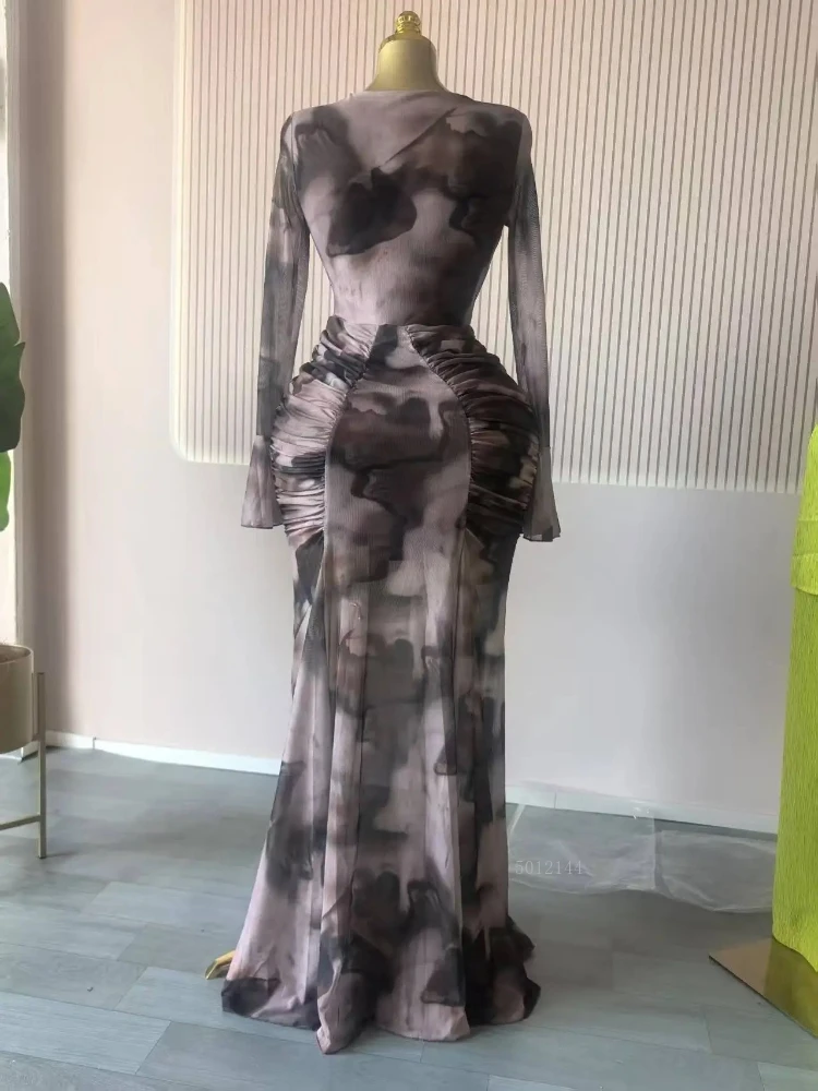 Women Tie Dye Printed Skew Neck Flare Long Sleeve Ruched Stacked Maxi Long  Dress 2025 Summer Birthday Sexy Party Dresses - AliExpress 200000345