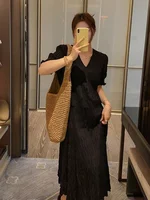 plus Size Women's V-Ne Dr Summer Loose Meat Concealing Pleated A-Line Long Skirt Casual Korean Sle Fro for Pear aped - Image 4