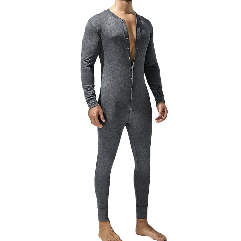 Men Undershirt Jumpsuits Leggings Long Sleeve Button Open Crotch Full Bodysuits Onesies Wrestling Singlet One-piece Leotard