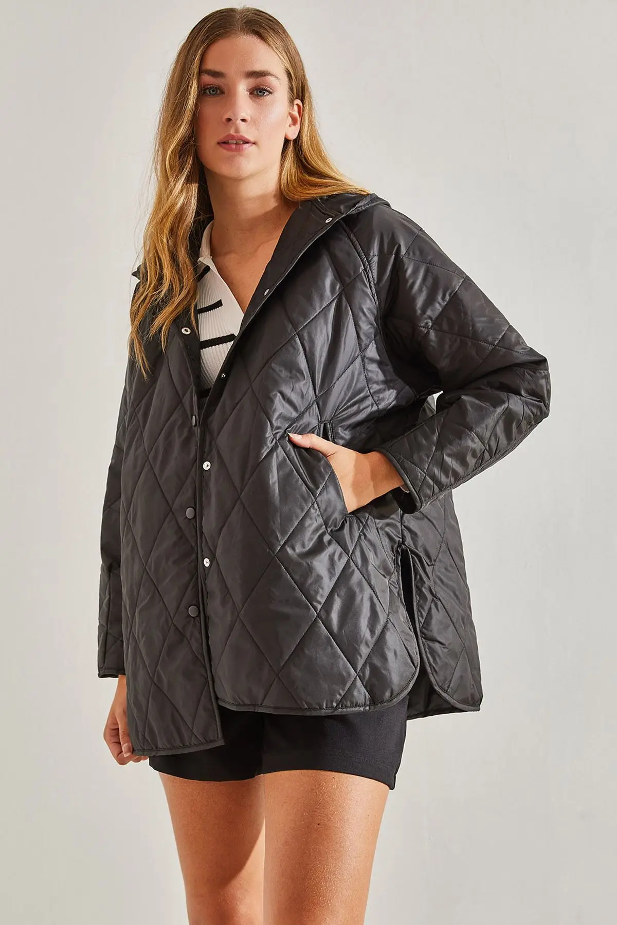 TYZAWomensJacketsCasualRegularFitWovenSnapFastenerQuilted