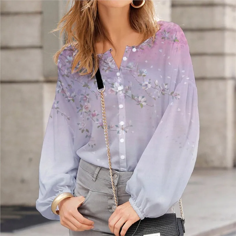

Cardigan Fashion Printed Round Neck 2023 Spring/Summer Casual Loose Bubble Sleeve Comfortable Women's Shirt Chemisiers