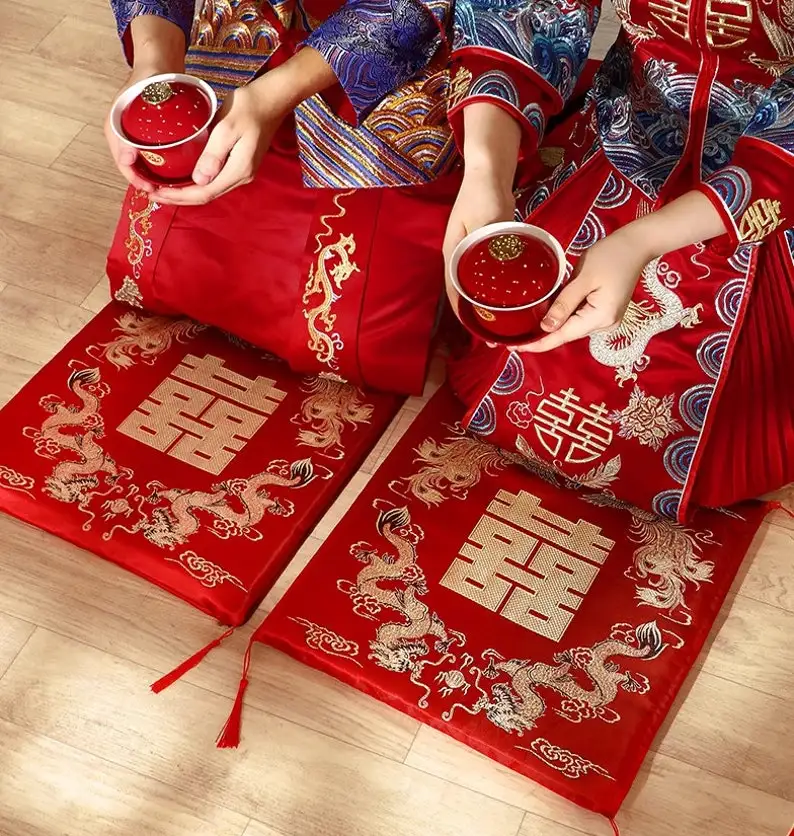 Set of 2 Chinese Wedding Tea Ceremony Red Double Happiness Dragon Phoenix Kneeling Cushion Pad Red Pad Vietnamese 3