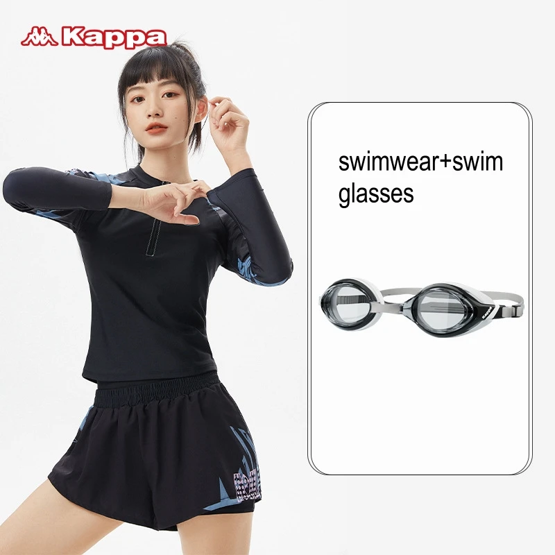 Women Two Pieces Long Sleeve WaterProof Outdoor Beach Surfing Swim Shirt Trunks Bathing Glasses Cap Female Quick-Dry SwimWear