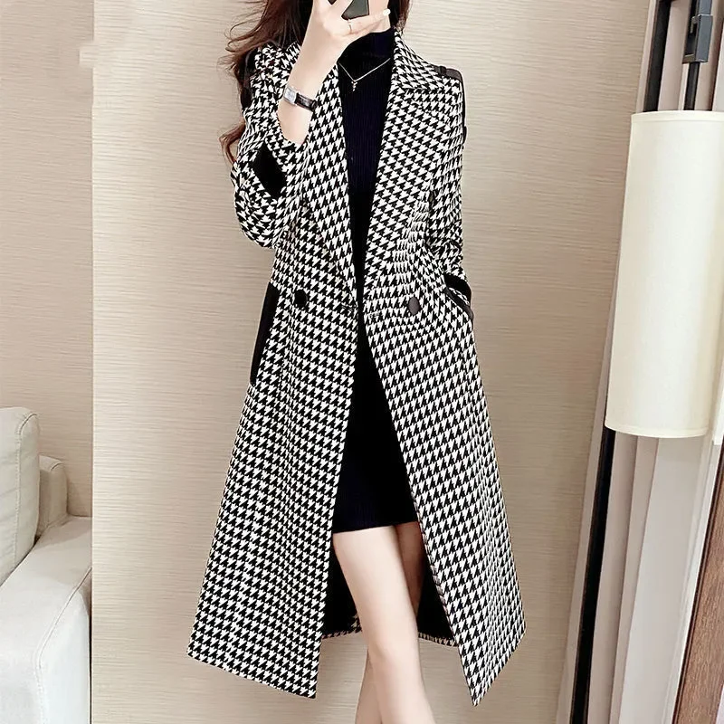 

Houndstooth Woolen Coat Women's Midi Fall Winter Korean Slim Black And White Plaid Coat British Style Luxury Tweed Blends Jacket