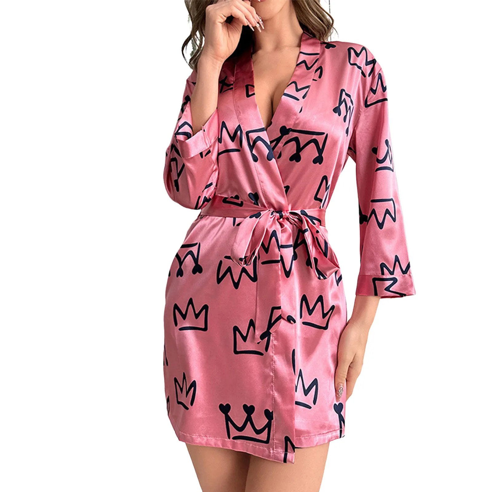 

Women Fashionable Caring Printed Pajamas With Lace Up Bathrobes Can Be Worn Externally With Ice Silk Pajamas