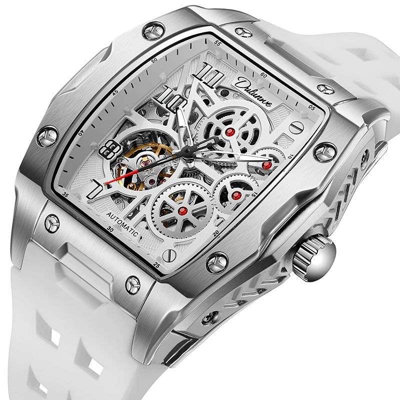 Watches For Men Original Automatic Mechanical Watch Skeleton Waterproof Luminous Men's Watch White Rubber Strap Reloj Hombre