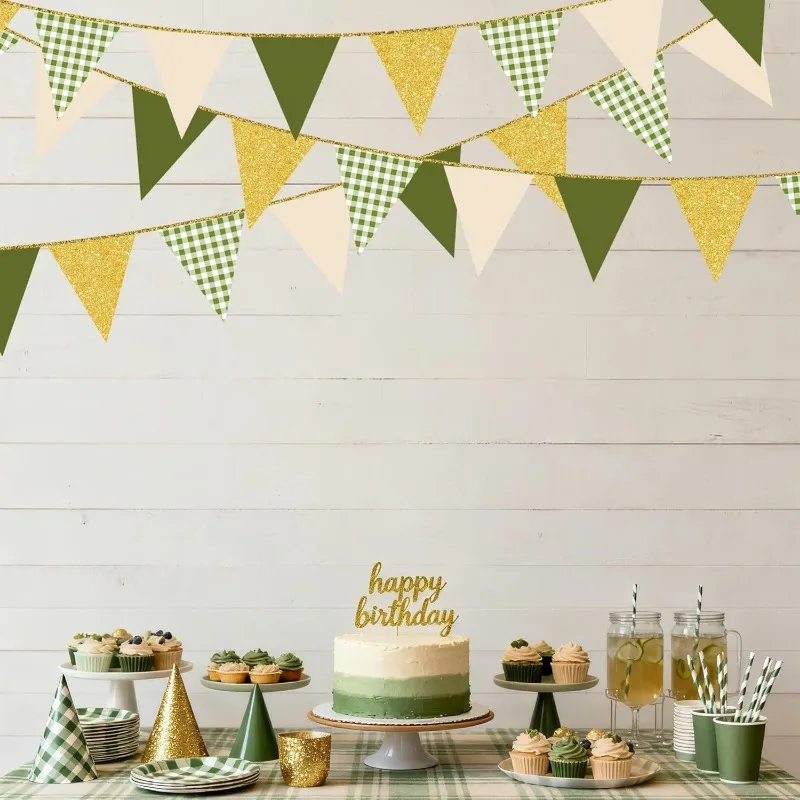 Sage Green Gold Plaid Pennant Banner - Festive Paper Triangle Bunting