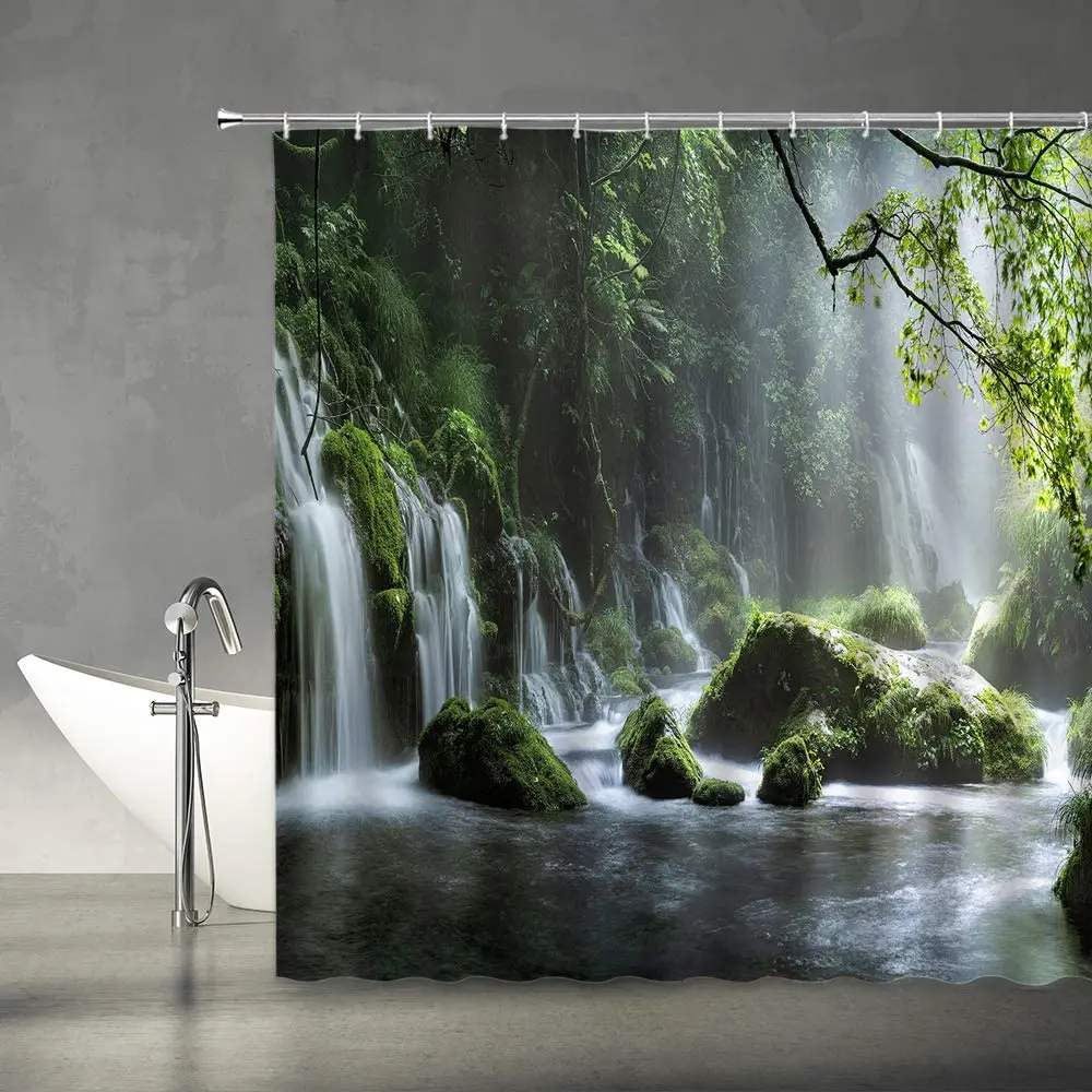 

Waterfall Shower Curtain Natural Scene Tropical Forest Mountain Water Lake Jungle Green Spring Bathroom Curtains Decor Set Hooks