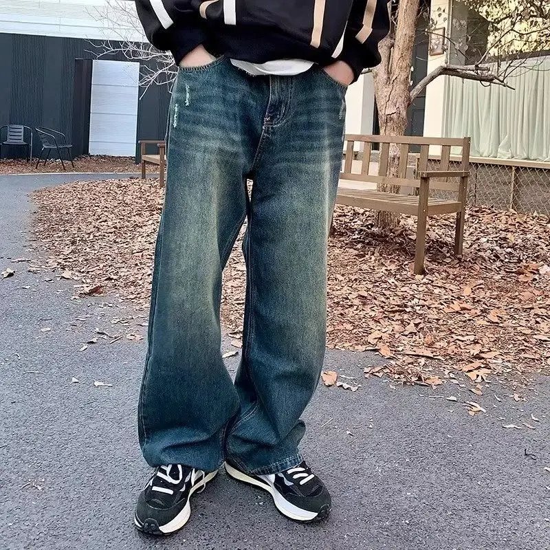 Loose straight tube retro distressed washed blue jeans fashion men's wide leg pants baggy jeans men clothing  jeans for men